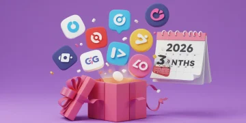 Illustration of premium subscription logos with 3 months free offer for 2026