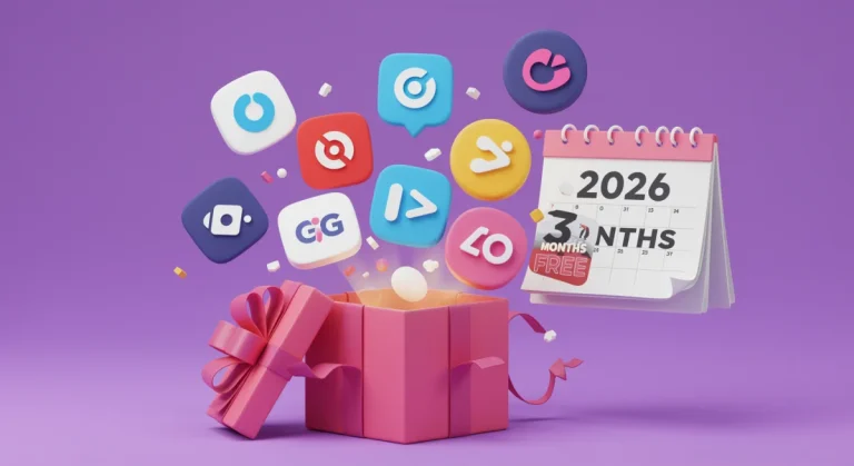 Illustration of premium subscription logos with 3 months free offer for 2026