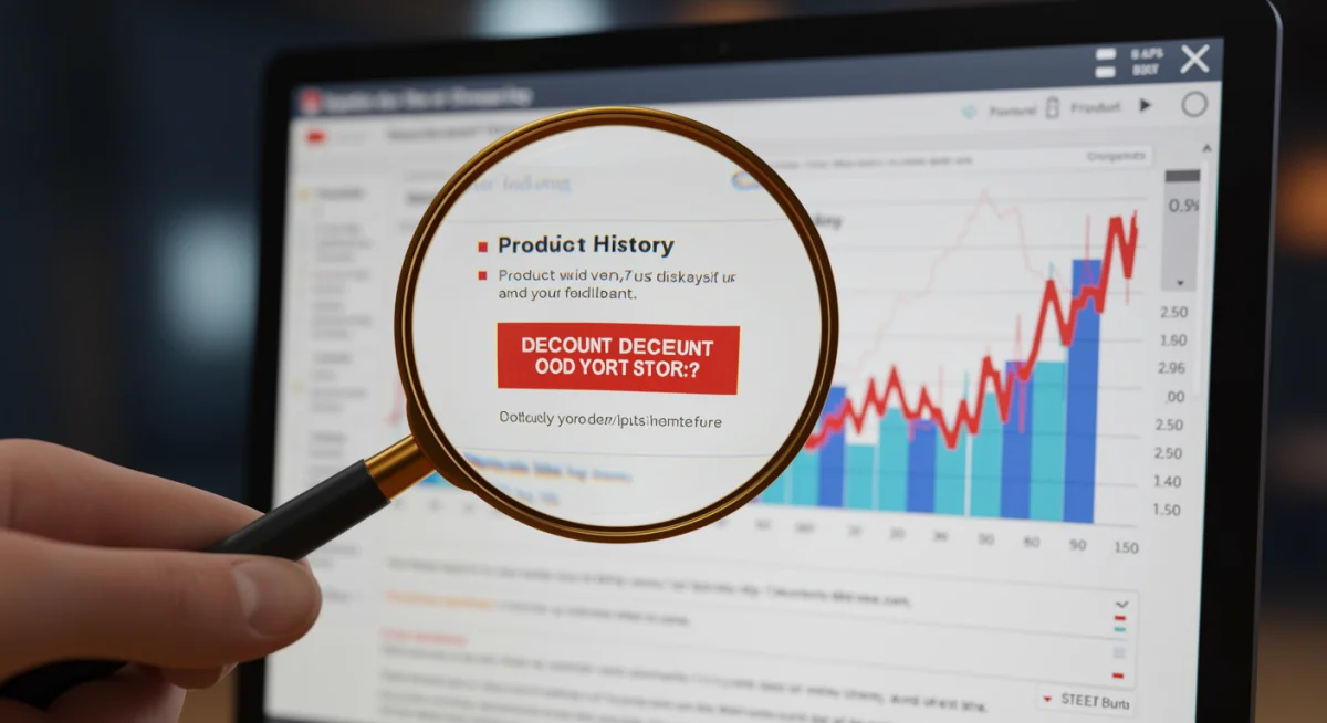 Magnifying glass examining price history on a shopping website.