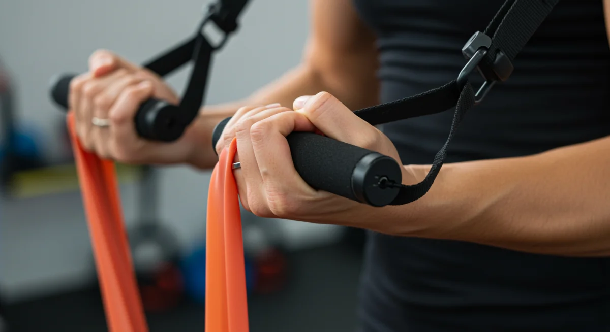 Person using resistance bands for a bicep curl, emphasizing effective home workouts