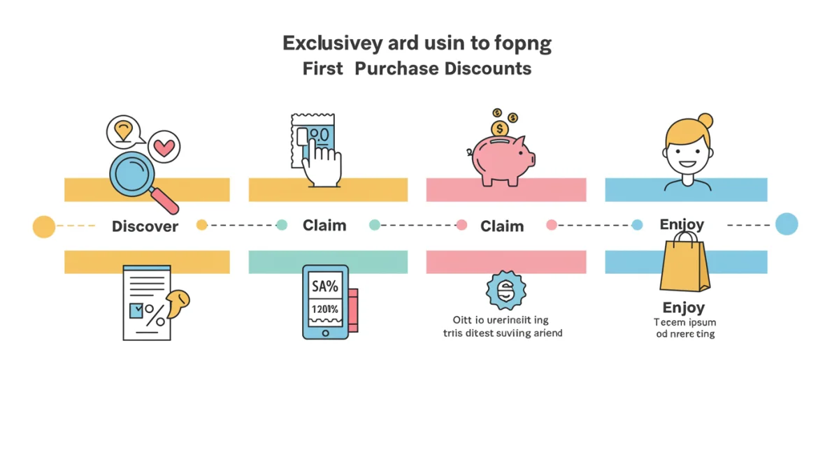 Infographic detailing steps to discover, claim, save, and enjoy first purchase discounts.