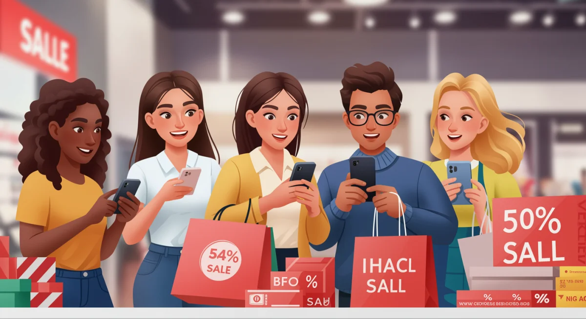 Shoppers enthusiastically discovering new daily deals on their devices and in stores.