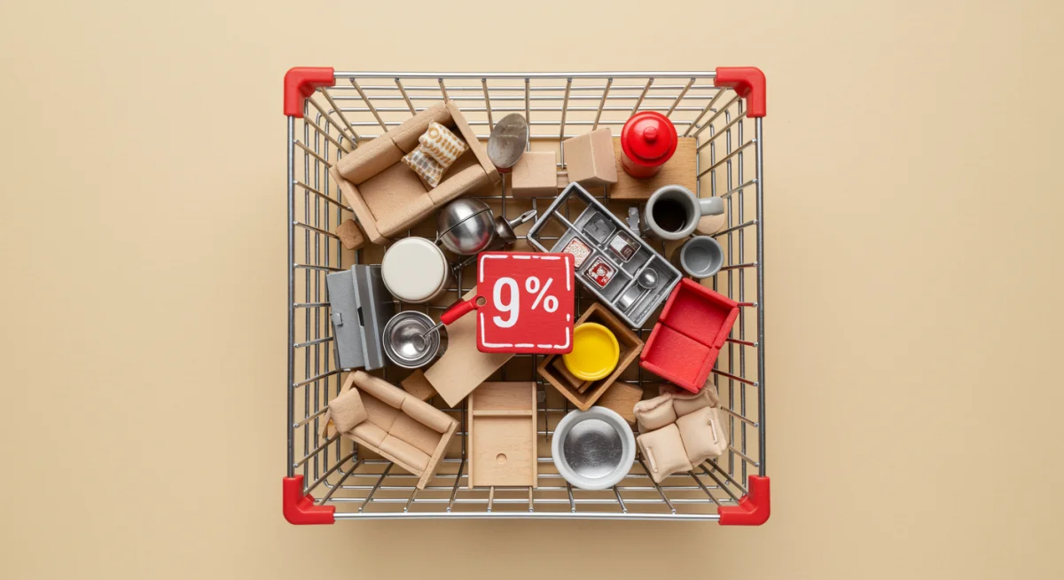 Overhead view of a shopping cart filled with diverse home goods items, symbolizing online savings.