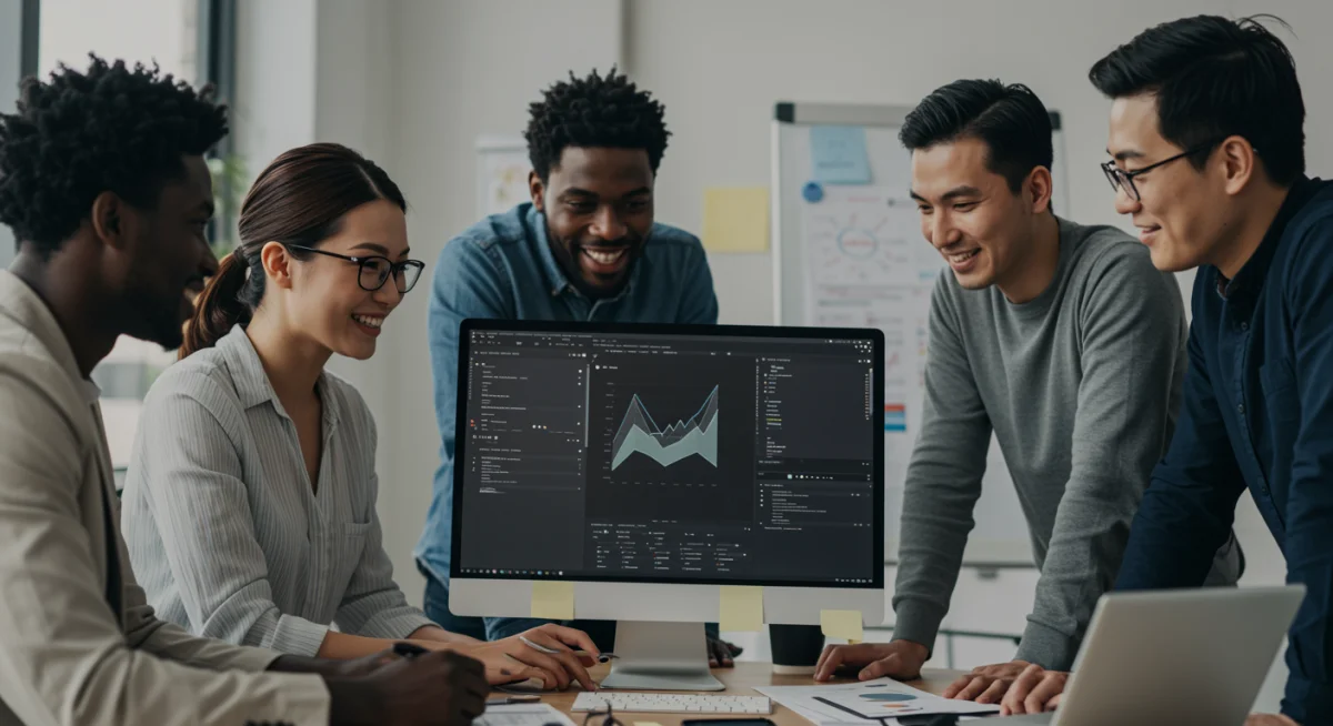 Small business owners collaborating using new software to achieve savings