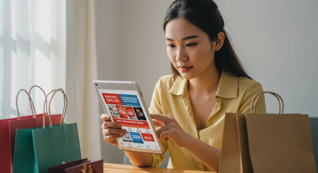 Smart shopper comparing daily deals on a tablet, avoiding fake discounts.