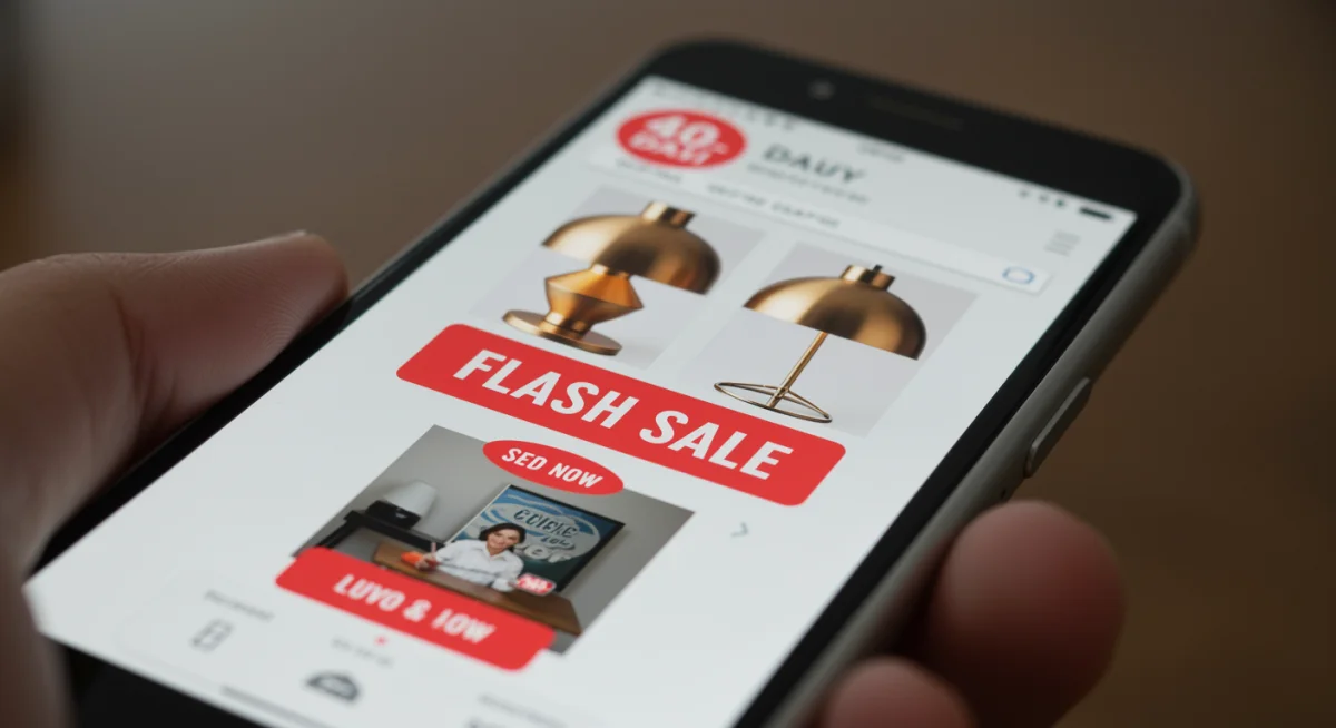 Smartphone displaying a daily deal website with a flash sale on a home decor item.