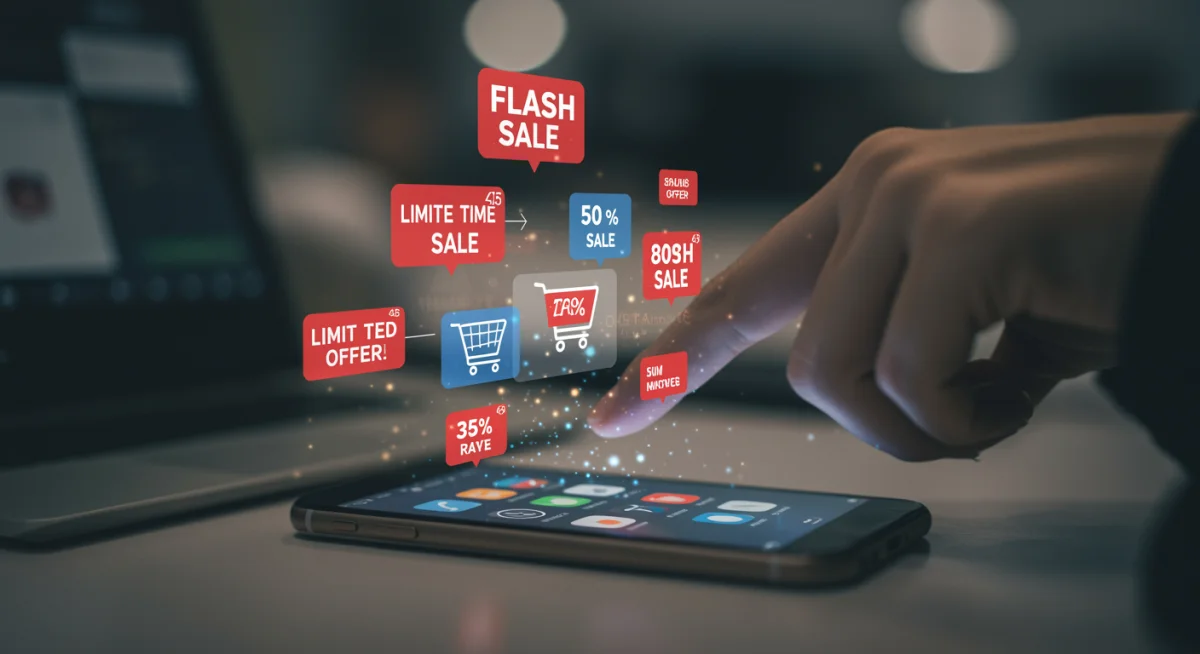 Smartphone with shopping app notifications for deals