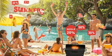 People enjoying summer activities with digital shopping icons, representing summer 2026 daily deals.
