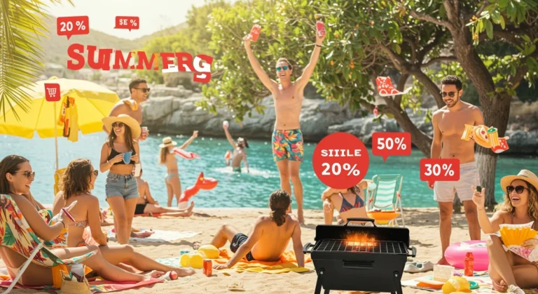 People enjoying summer activities with digital shopping icons, representing summer 2026 daily deals.