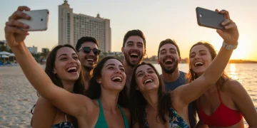 Friends enjoying a beach vacation at sunset with a luxury resort, celebrating a 30% travel discount for Summer 2026.