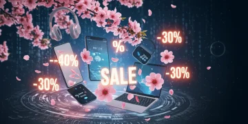 Illustration of diverse tech gadgets with 25% off discount tags for Spring 2026 deals.