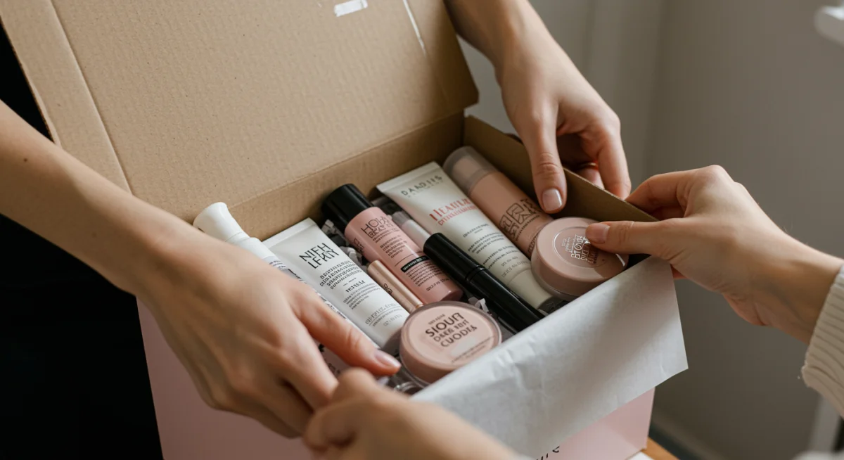 Hands unboxing a premium beauty product bundle