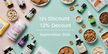 Collection of wellness products with a 12% discount badge for September 2026 promotion