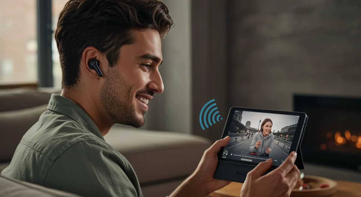Person enjoying media with wireless earbuds and a tablet in a comfortable setting.
