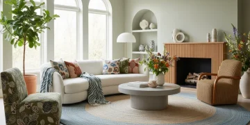Modern living room with trending 2026 textile patterns and sustainable fabrics