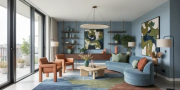 Modern living room with 2026 trending decor colors, featuring blue, green, and terracotta accents.