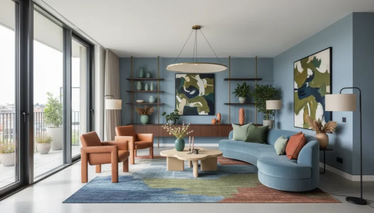 Modern living room with 2026 trending decor colors, featuring blue, green, and terracotta accents.