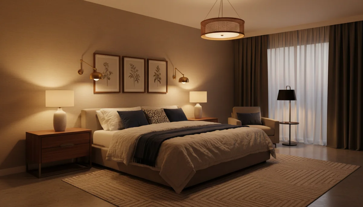 Bedroom with layered lighting including task, accent, and ambient fixtures