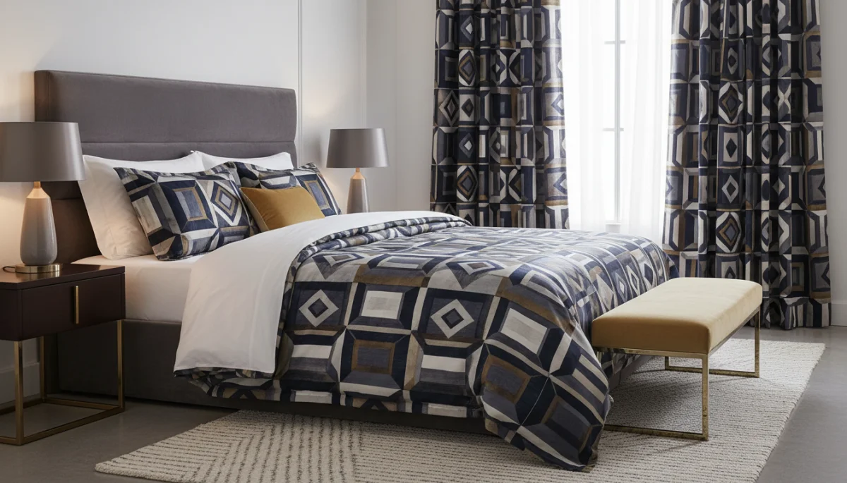 Bedroom with bold geometric patterns and luxurious fabrics for 2026