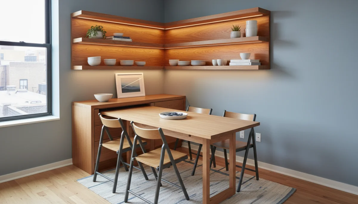 Compact dining area with pull-out table and wall-mounted storage