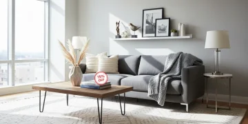 Stylish living room showcasing cost-effective decorating with a 15% savings tag
