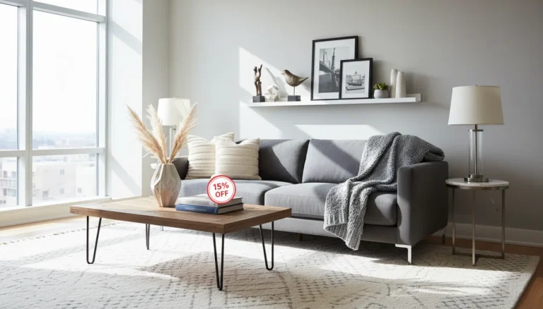 Stylish living room showcasing cost-effective decorating with a 15% savings tag