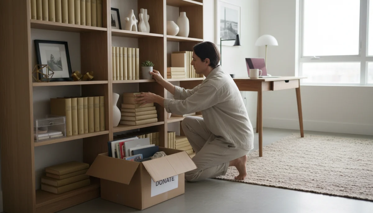 Person decluttering a bookshelf for a minimalist home