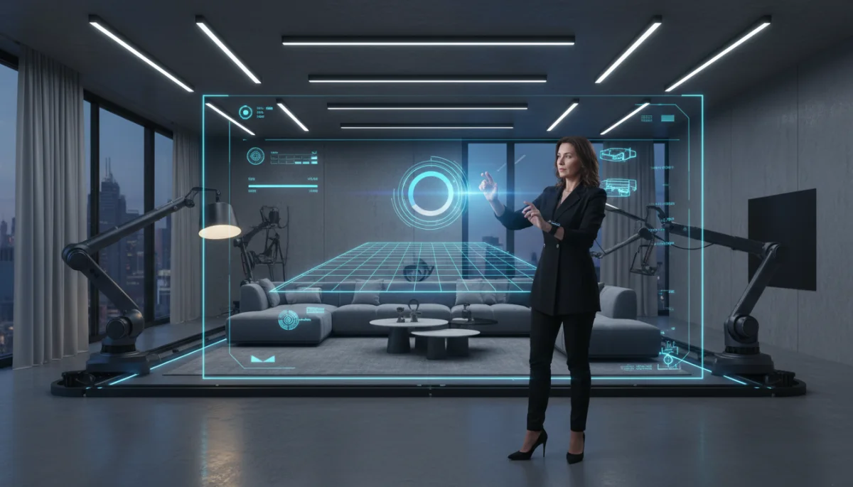 Interior designer using holographic interface for smart home customization.