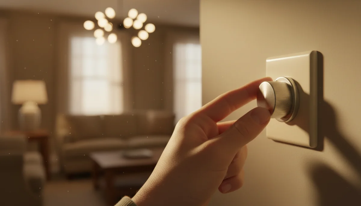 Hand adjusting a dimmer switch for ambiance control in a room
