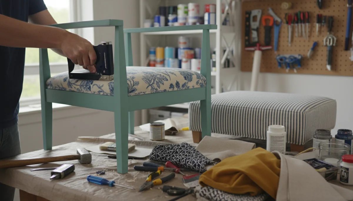 Hands working on a DIY furniture restoration project for cost-effective decorating