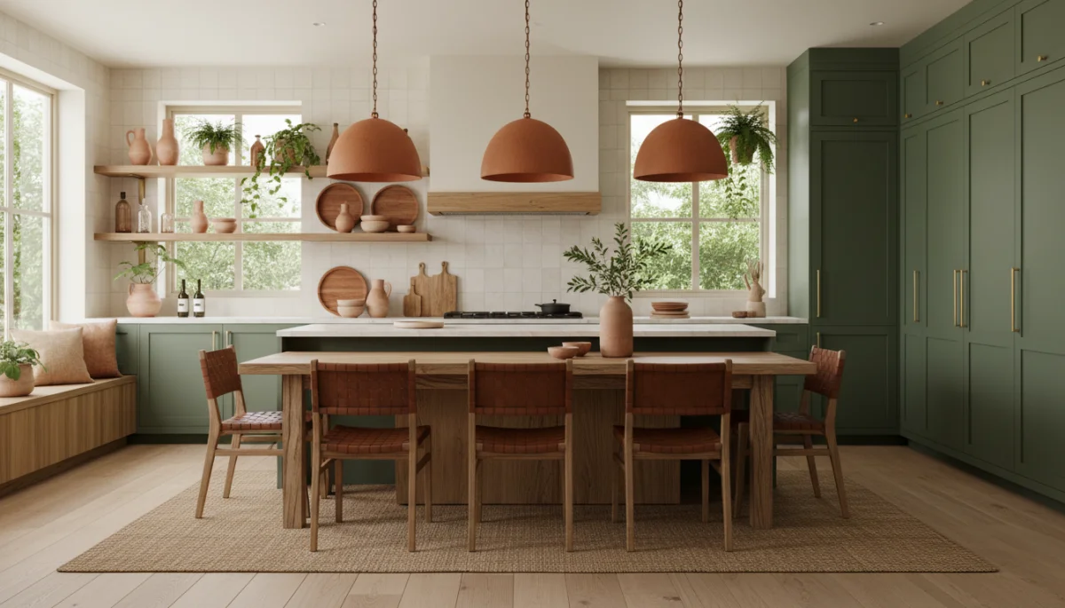 Earthy green kitchen with terracotta pottery, showcasing 2026 trending decor colors.