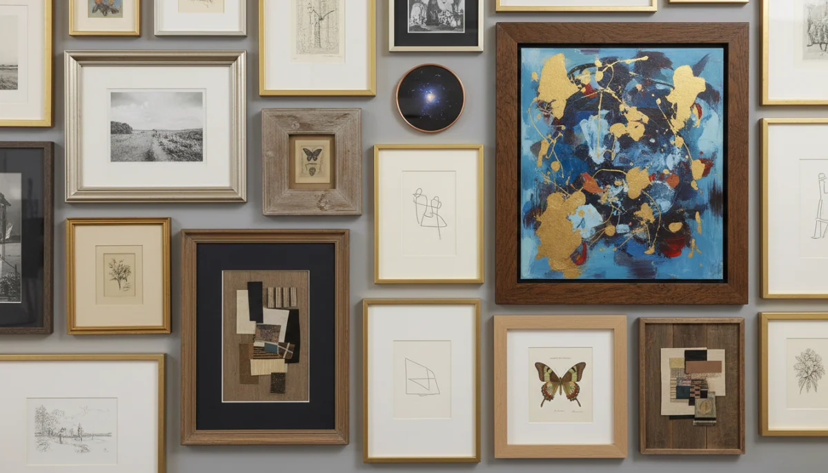 Eclectic gallery wall with diverse art pieces