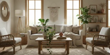 Eco-friendly living room interior with bamboo furniture and linen textiles.
