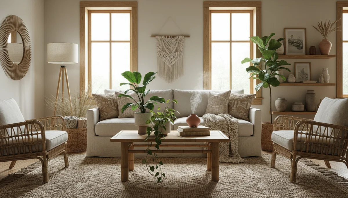 Eco-friendly living room interior with bamboo furniture and linen textiles.