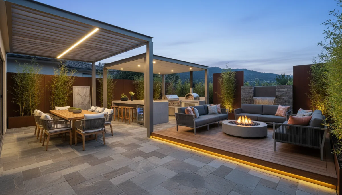 Expansive patio with dining, lounging, and outdoor kitchen areas