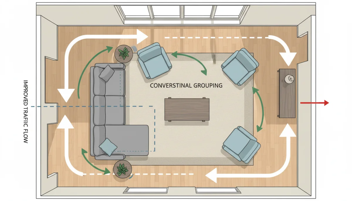 Floor plan illustrating furniture arrangement hacks for improved flow