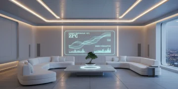 Futuristic living room with integrated smart home technology and adaptive lighting.