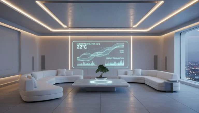 Futuristic living room with integrated smart home technology and adaptive lighting.
