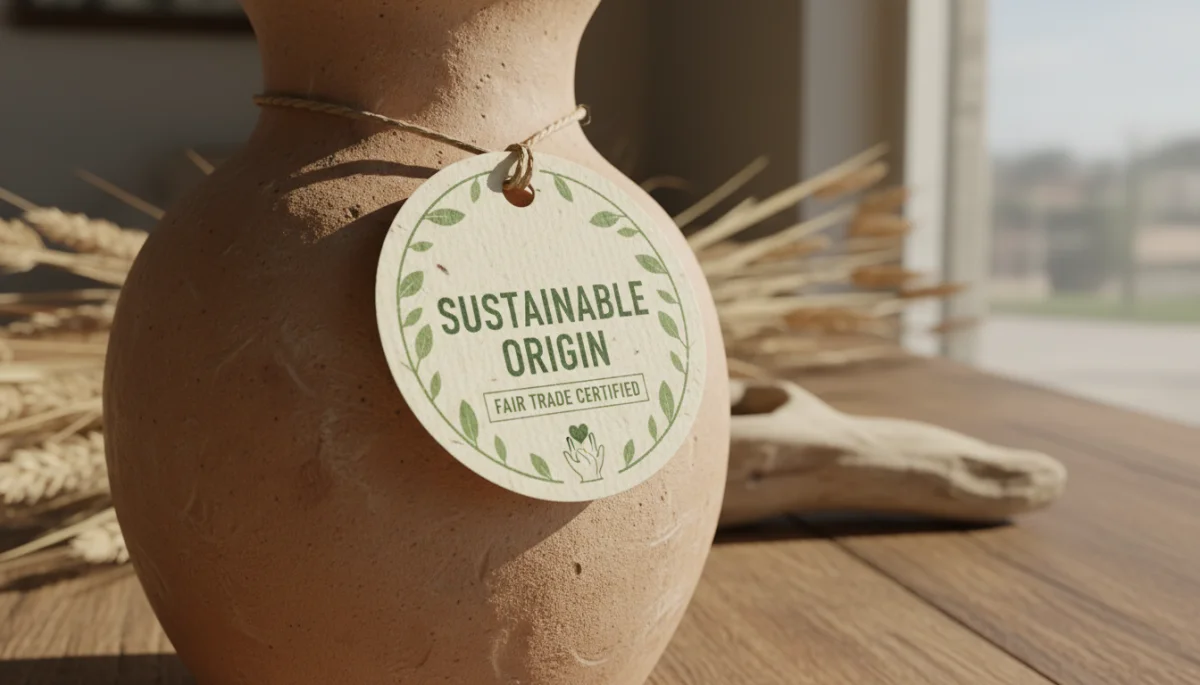 Close-up of handcrafted ceramic vase with fair trade certification.