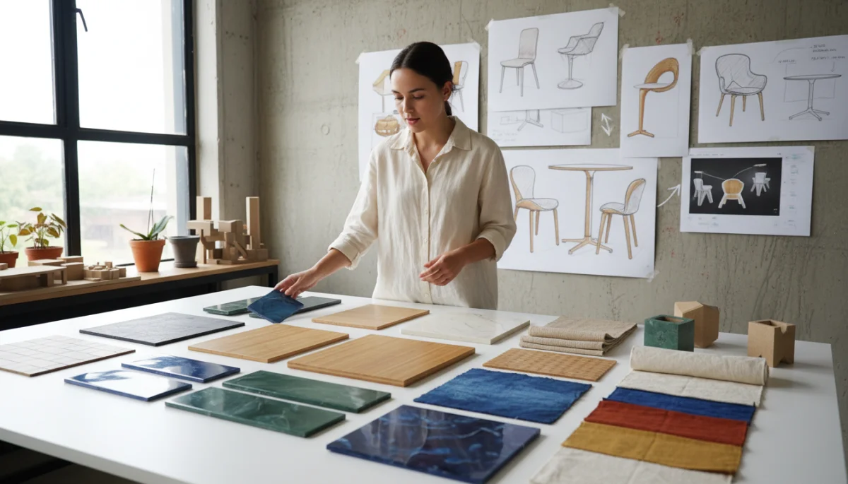 Designer examining samples of innovative sustainable furniture materials like recycled plastics and bamboo.