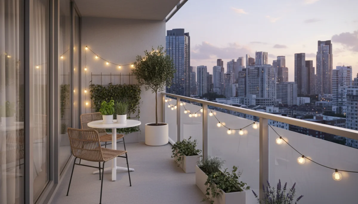 Minimalist balcony with bistro set and potted herbs