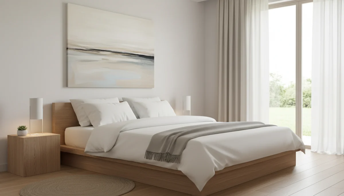 Minimalist bedroom decor with simple furniture and art