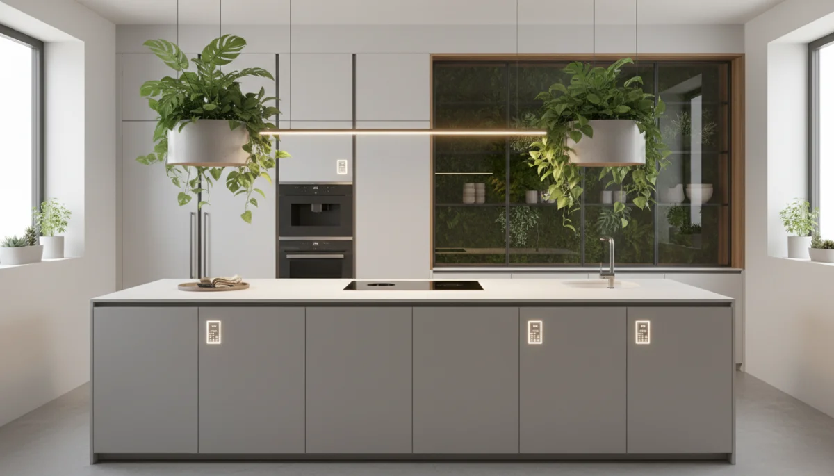 Minimalist smart kitchen with integrated appliances and biophilic design.