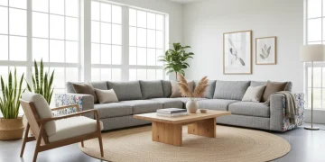 Modern living room with eco-friendly furniture, natural materials, and sustainable design elements.