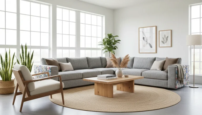 Modern living room with eco-friendly furniture, natural materials, and sustainable design elements.