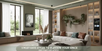 Modern living room with smart tech and natural elements, reflecting 2026 home decor trends