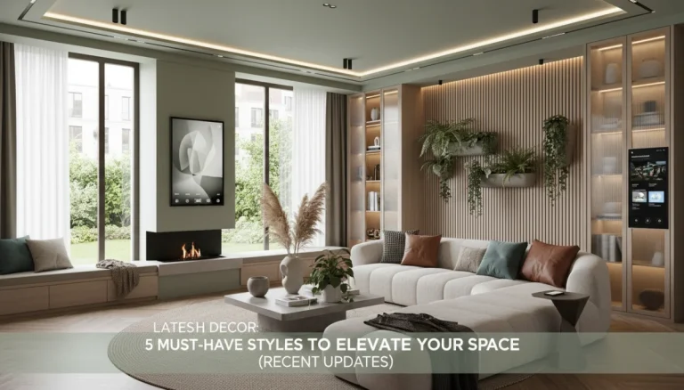 Modern living room with smart tech and natural elements, reflecting 2026 home decor trends