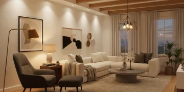 Modern living room with layered lighting creating a warm, inviting ambiance