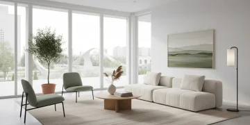 Modern minimalist living room with neutral colors and natural light