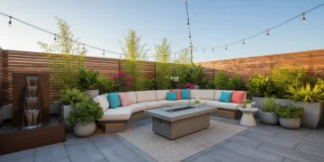 Modern outdoor living space with comfortable seating and lush plants